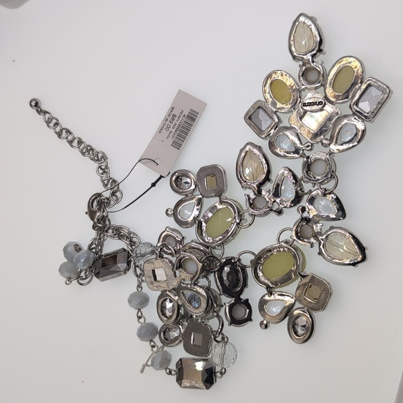 NWT Chicos Perry Bib Necklace Statement Yellow Pearls Clear Gemstones Silver - Picture 6 of 6